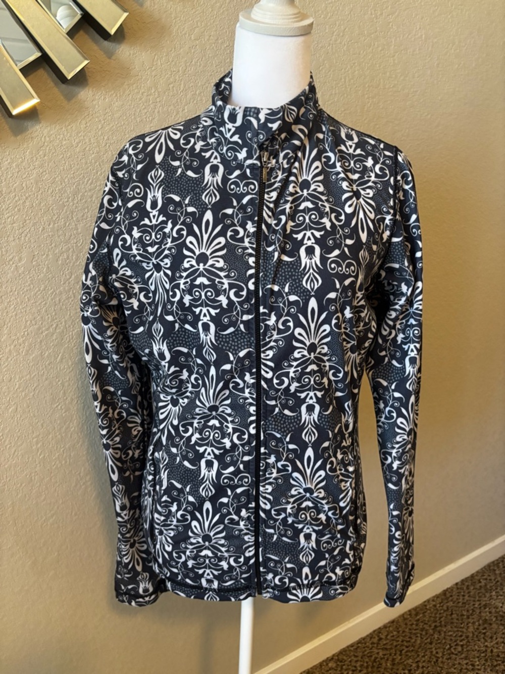 Prana Black and White Patterned Zip-Front Jacket